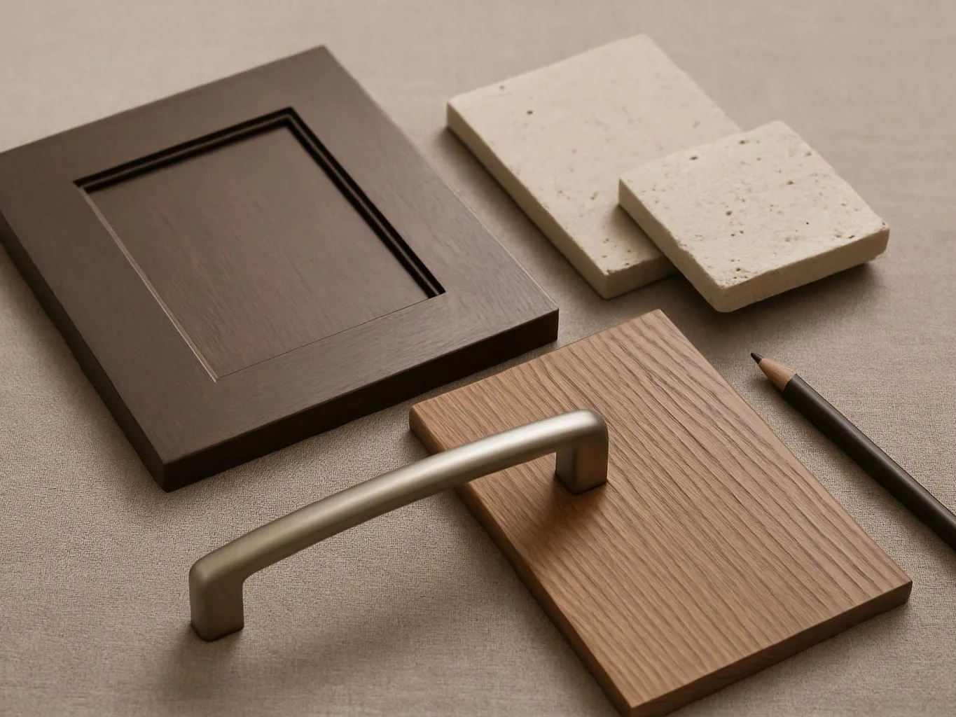 Wood, stone, and metal cabinet handle samples lie on a neutral fabric surface, with a pencil nearby