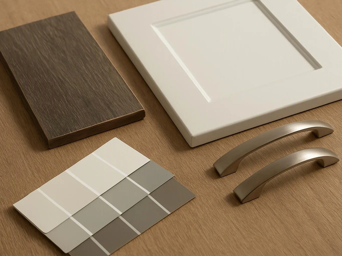 Wood surface with a dark sample board, a white cabinet door, paint swatches, and two curved metal handles