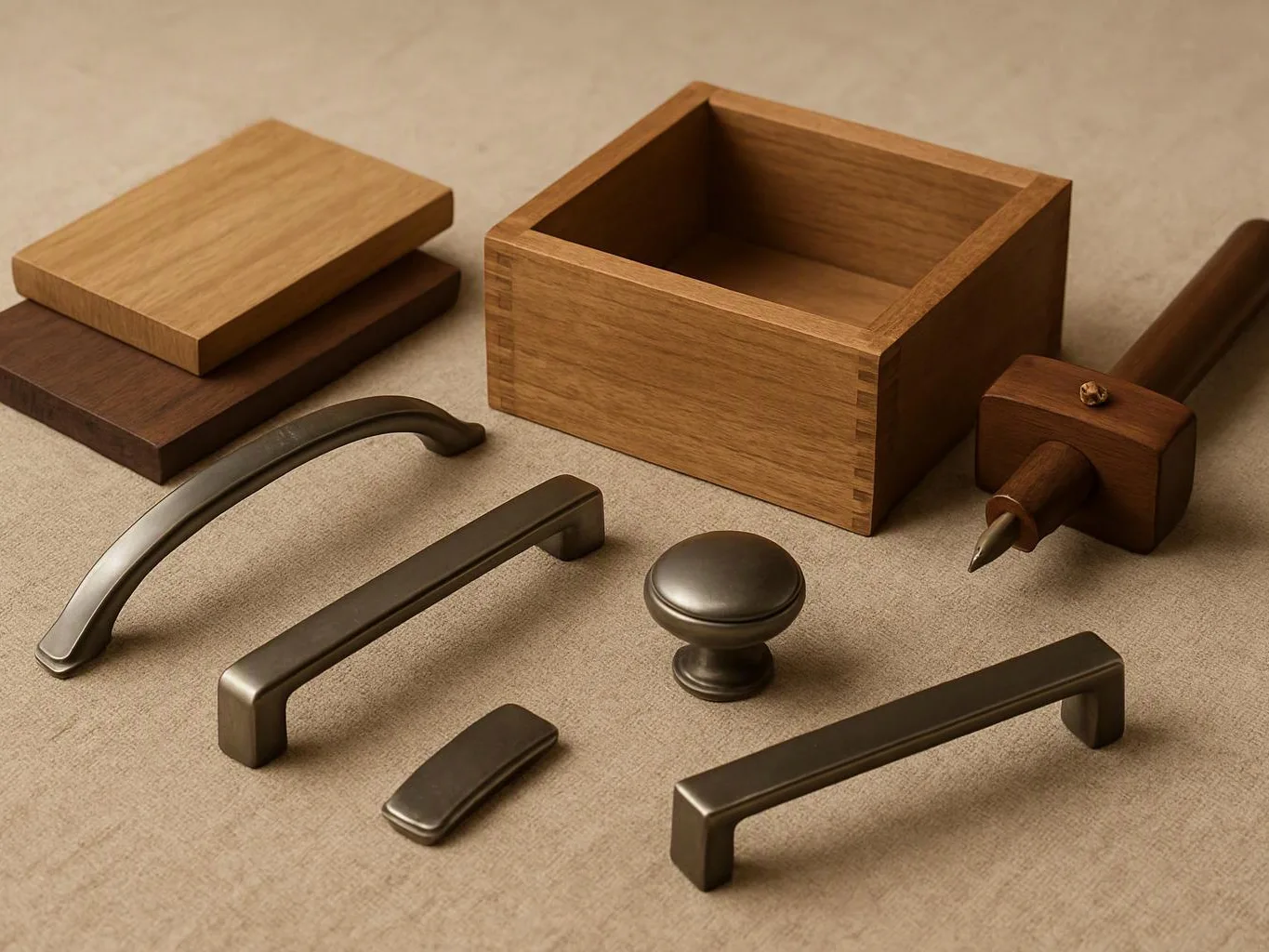 Wooden blocks and metal drawer handles are arranged on a beige fabric surface with a small tool on the right