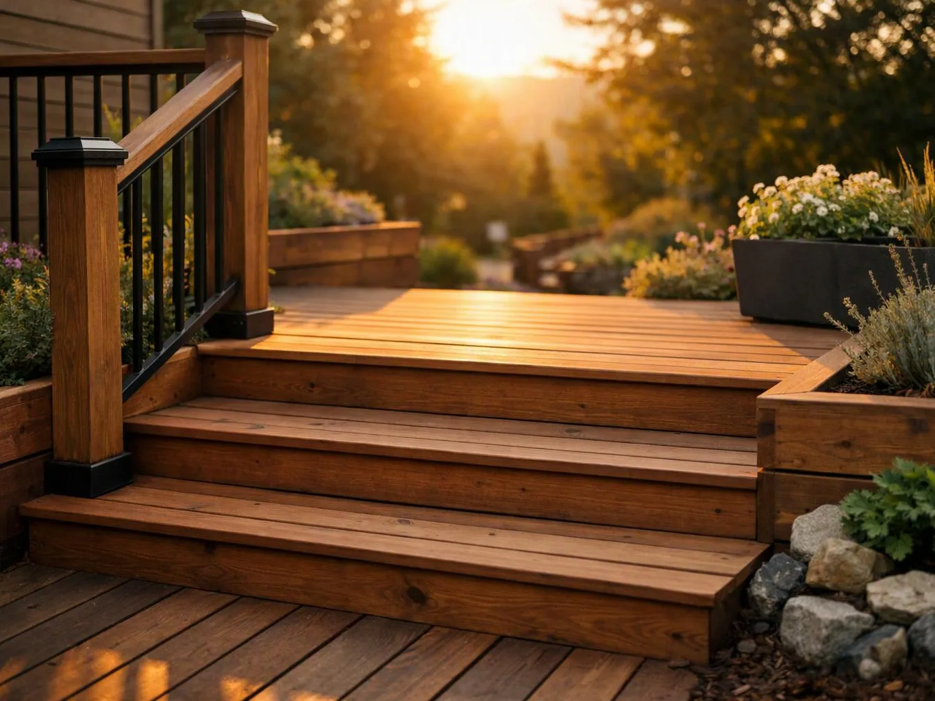 Wooden deck steps lead to a sunlit patio with planters and a black railing