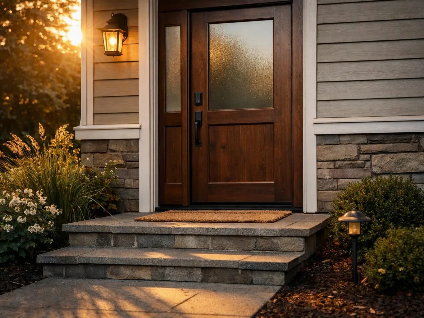 A wooden front door with frosted glass sits above stone steps, lit by warm porch lights at sunset