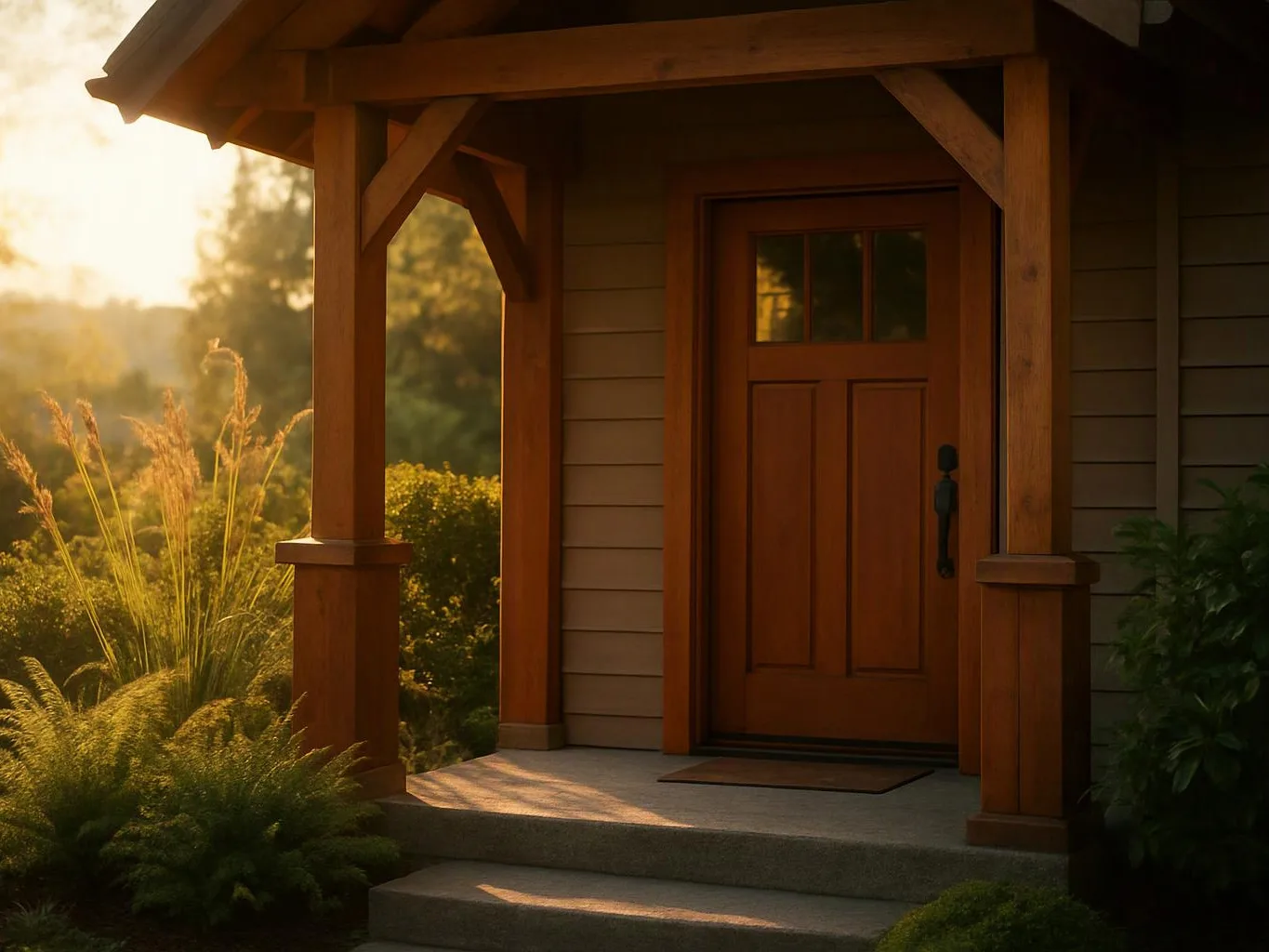 A wooden front porch with a closed door sits in warm evening sunlight beside tall grass and shrubs