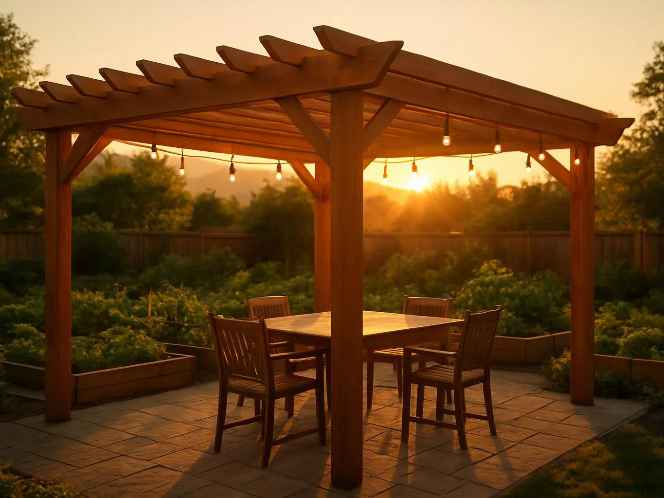 A wooden pergola shelters a patio table and chairs, with string lights glowing at sunset in a garden