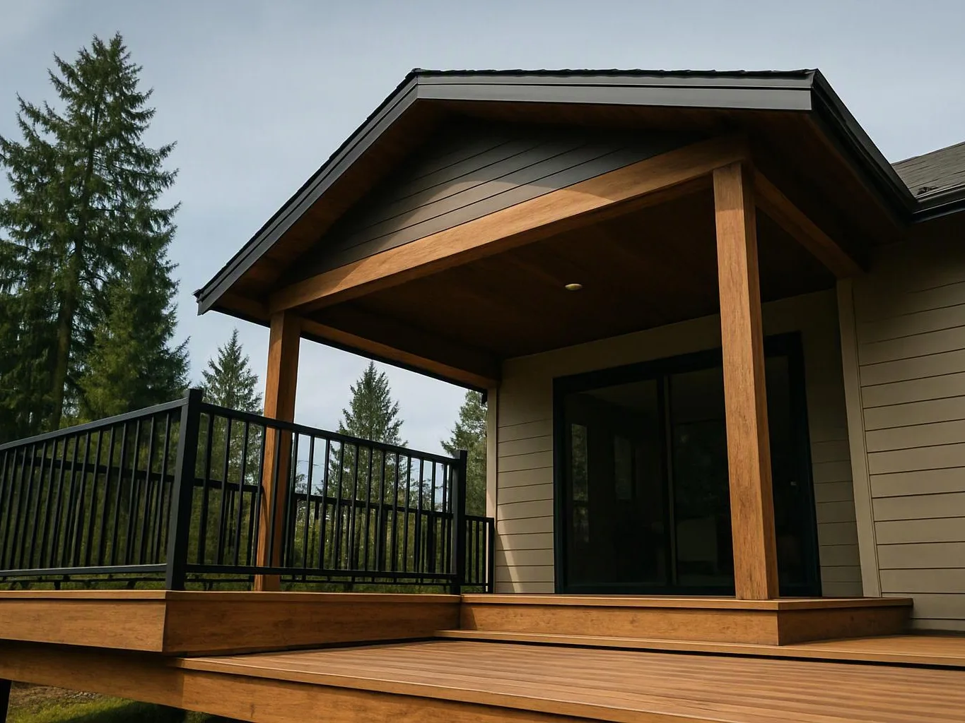 A wooden porch with black railing sits beside a house under a gabled roof, framed by tall trees