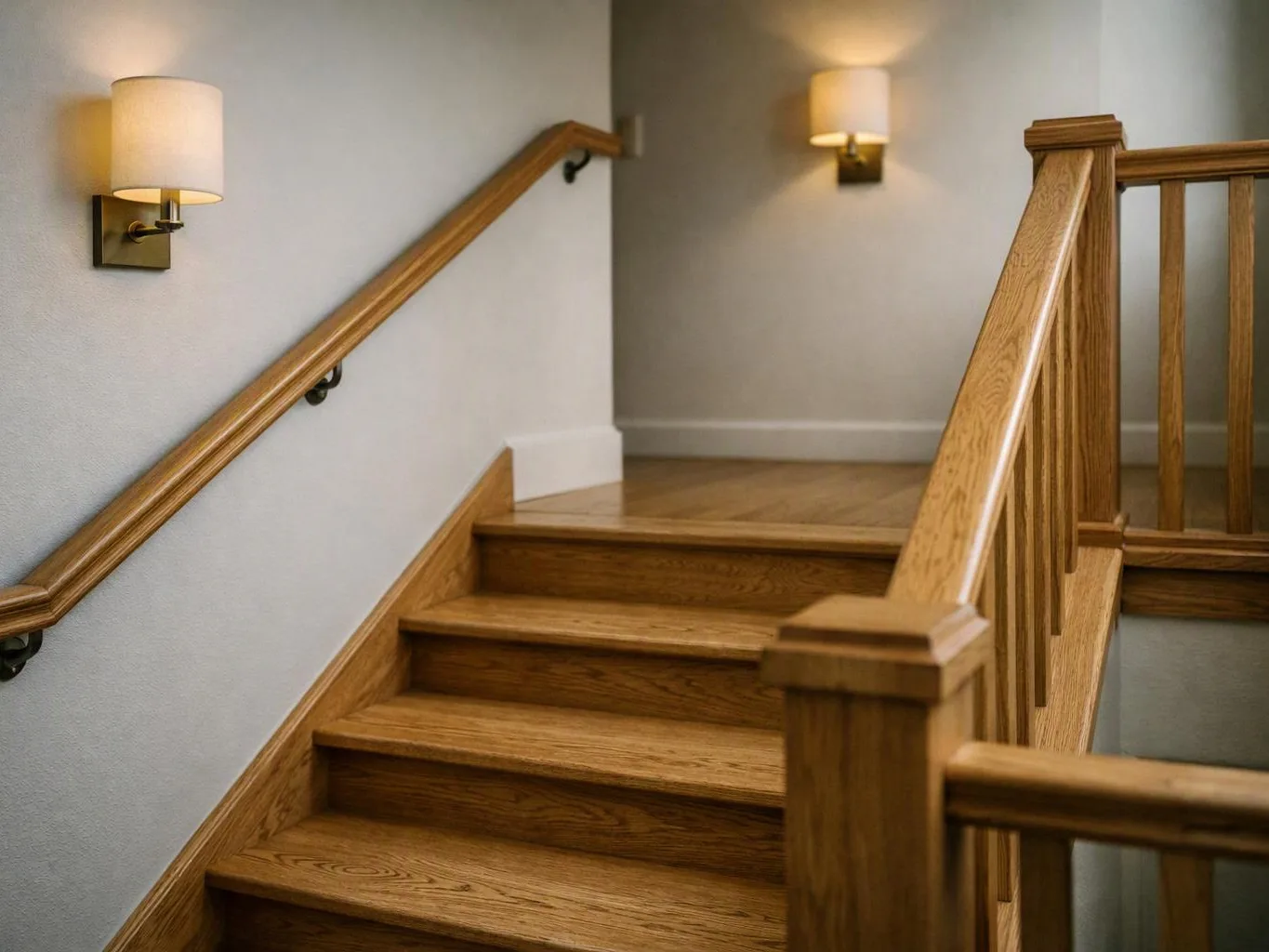 Wooden stairs with matching railings rise past two lit wall lamps in a quiet interior hallway