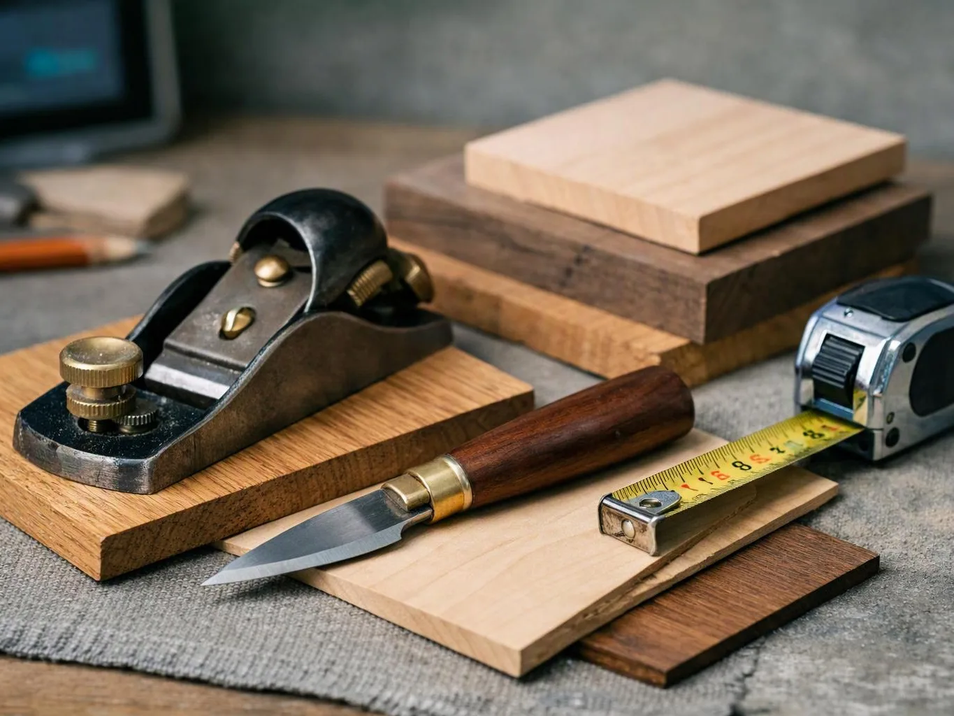 Woodworking tools and wood samples sit on a workbench, including a hand plane, knife, and tape measure