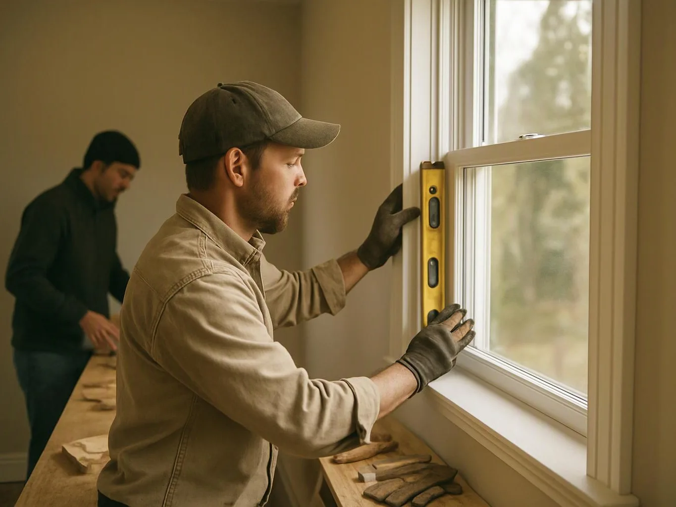 A worker in gloves checks a window with a level while another stands behind him in a room