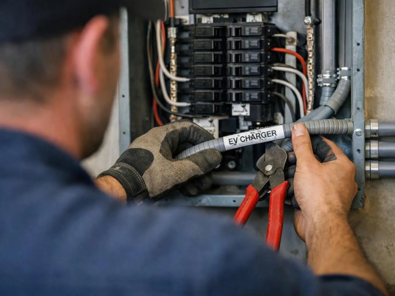 A worker installs a labeled EV charger cable inside an electrical panel with pliers