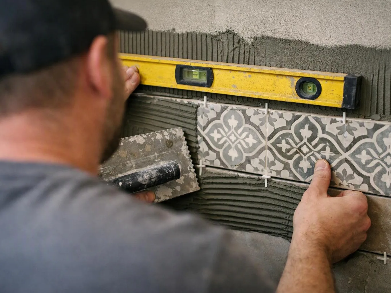 A worker levels patterned tiles on a wall while spreading mortar with a trowel