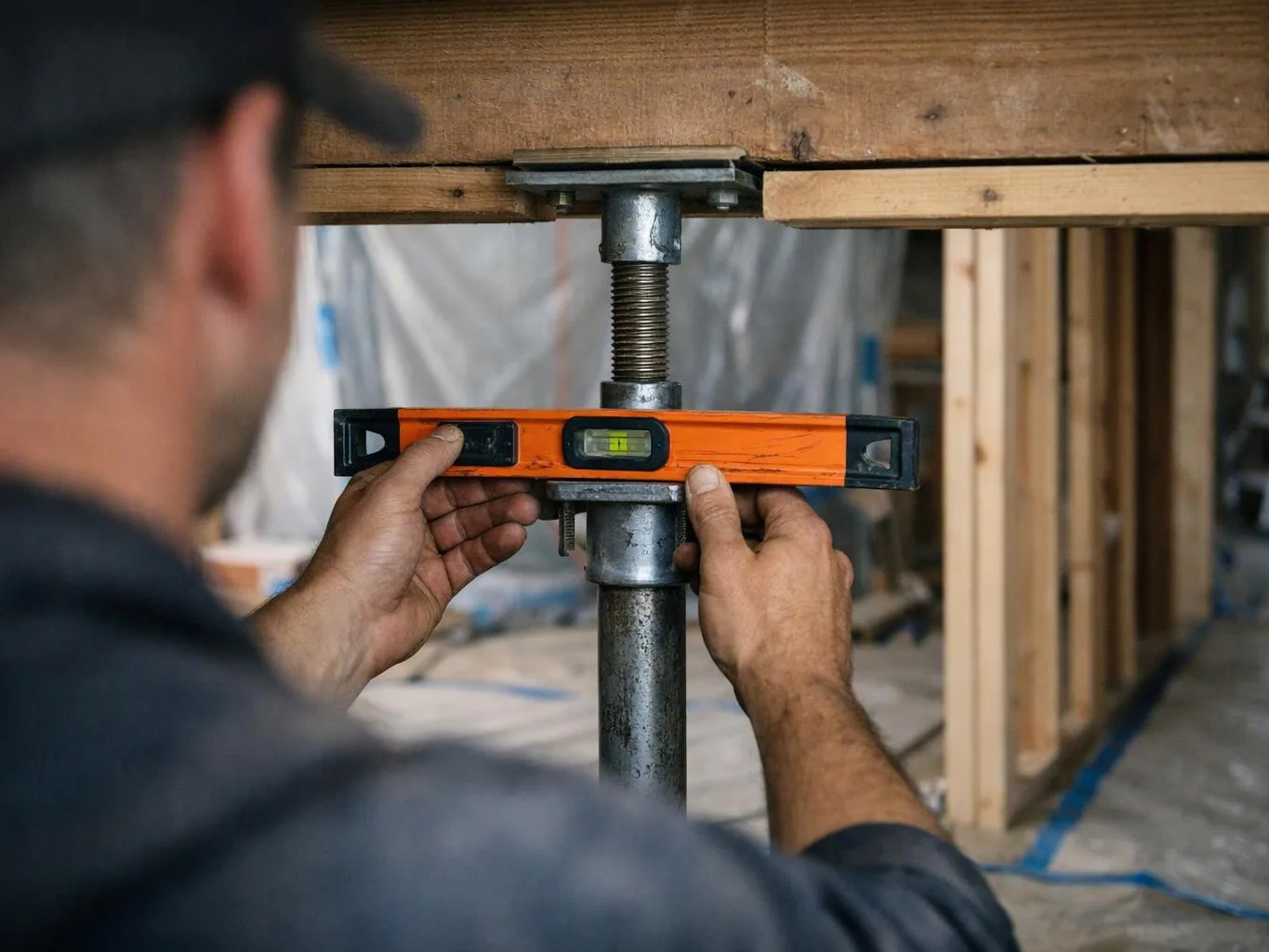 A worker levels a wooden beam with a bright orange spirit level on a metal support post